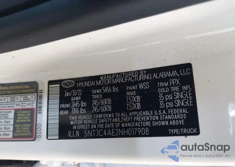 2022 Hyundai Santa Cruz Sel z USA, uszkodzony, nr VIN 5NTJC4AE2NH017908